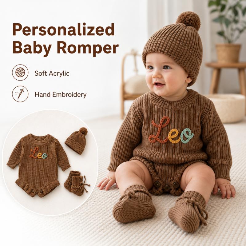 Baby Clothing Name - Personalized Baby Knit Romper Custom Embroidered